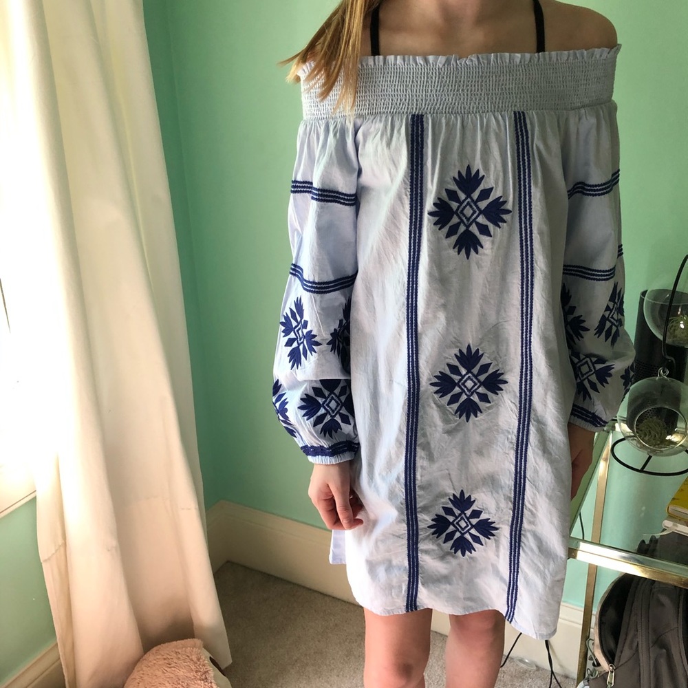 embroidered blue off the shoulder dress